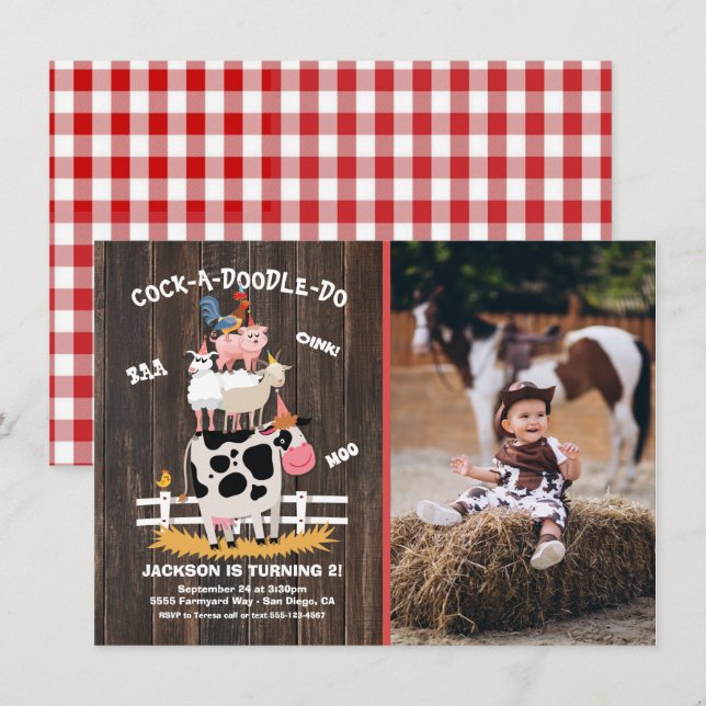 Invitación Granja apilada de animales Barnyard Foto fiesta de (Anverso / Reverso)
