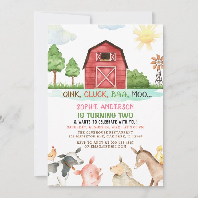 Invitación Granja Barnyard Animales 2º cumpleaños (Anverso)