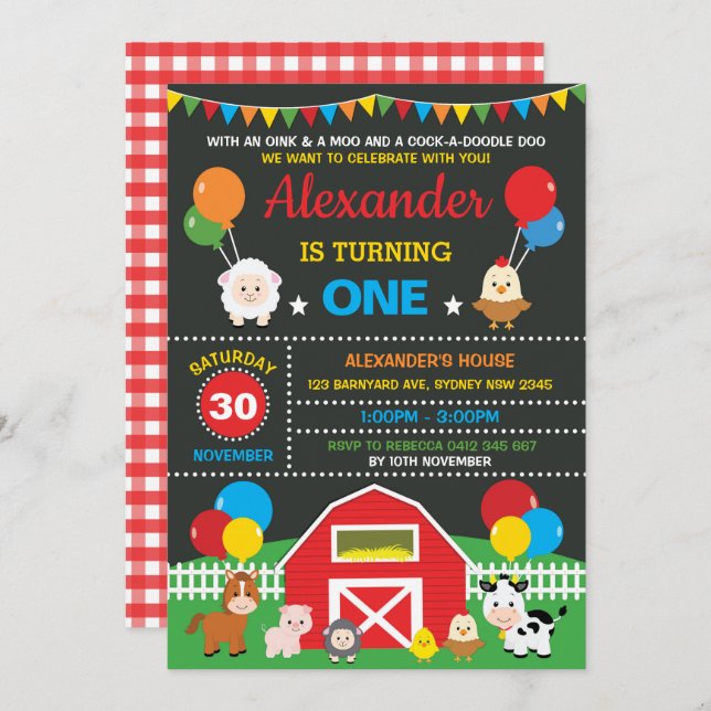 Invitación Granja Barnyard Animales Birthday Party Chalkboard (Anverso / Reverso)