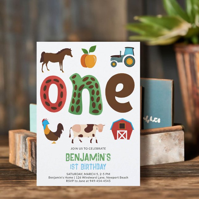 Invitación Granja Barnyard Animales Frutas Cute 1er cumpleaño (farm tractor animals barnyard petting zoo 1st birthday invitation first boy modern cute illustration)