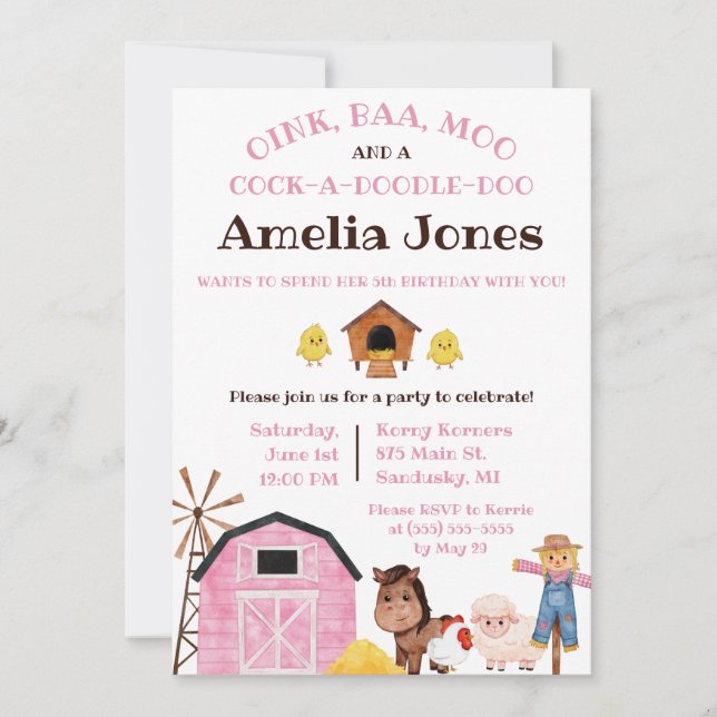 Invitación Granja, Barnyard Animals, fiesta de cumpleaños par (Anverso)