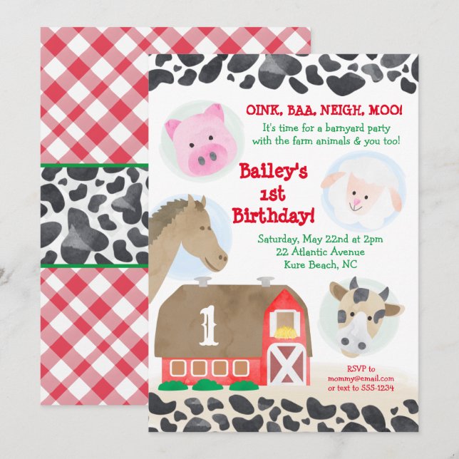 Invitación Granja Barnyard Animals Gingham Cow Print Birthday (Anverso / Reverso)