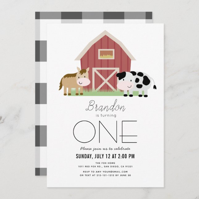 Invitación Granja Barnyard Blanco Género-neutro Primer cumple (Anverso / Reverso)
