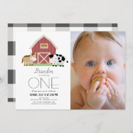 Invitación Granja Barnyard Blanco Género-neutro Primer cumple