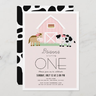 Invitación Granja Barnyard Chica Rosa Primer cumpleaños