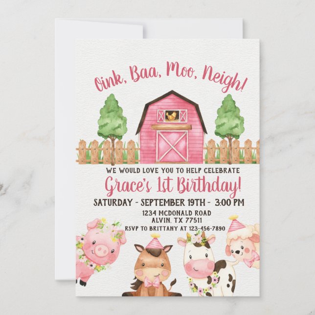 Invitación Granja Barnyard Primer cumpleaños (Anverso)