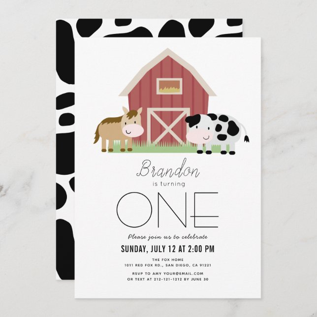 Invitación Granja Barnyard White Género-neutro Primer cumplea (Anverso / Reverso)
