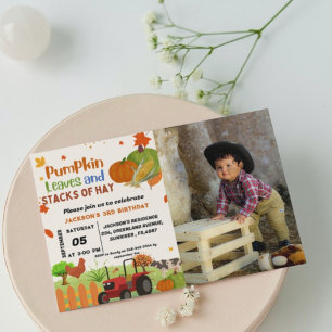 Invitación Granja Caída Animal Calabaza Niño Primera Fiesta d