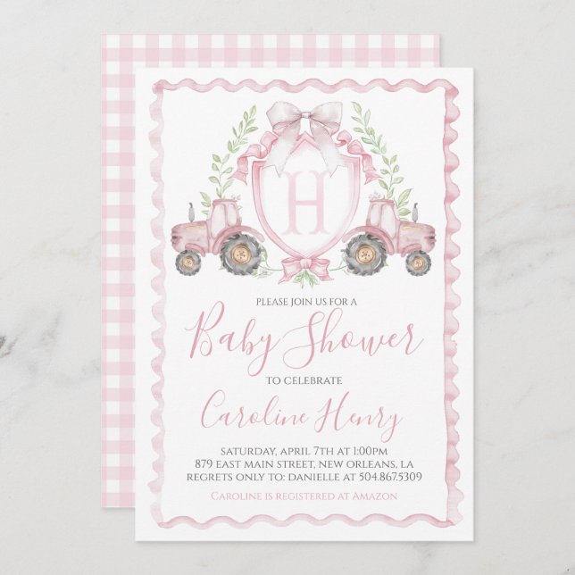 Invitación Granja chica Baby Shower Gingham Pink (Anverso / Reverso)