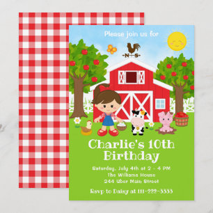 Invitación Granja Cumpleaños Barnyard Rojo Chica Pelo Marrón