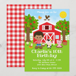 Invitación Granja Cumpleaños Patio Rojo Afroamericano