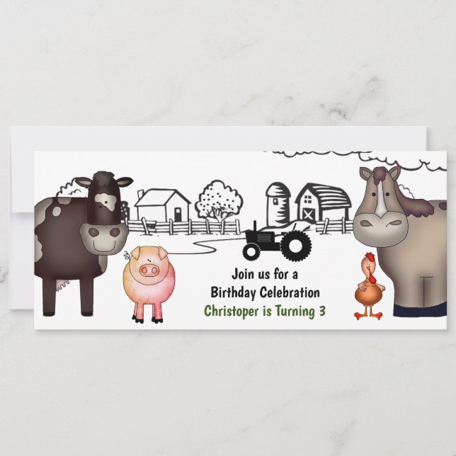 Invitación Granja Cute , Animales y Tractor Cumpleaños (Anverso)