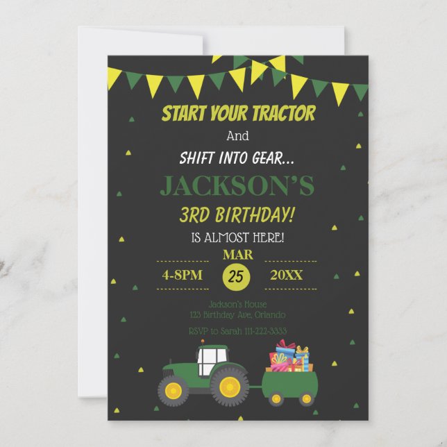 Invitación Granja Cute Tractor 3er cumpleaños Confetti Invite (Anverso)