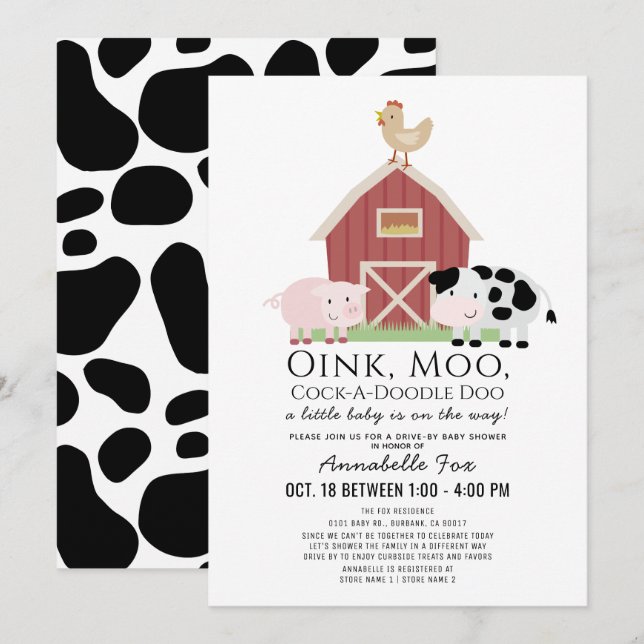 Invitación Granja de animales Barnyard Baby Shower con unidad (Anverso / Reverso)