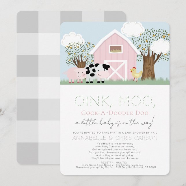 Invitación Granja de animales Barnyard Baby Shower rosa por c (Anverso / Reverso)