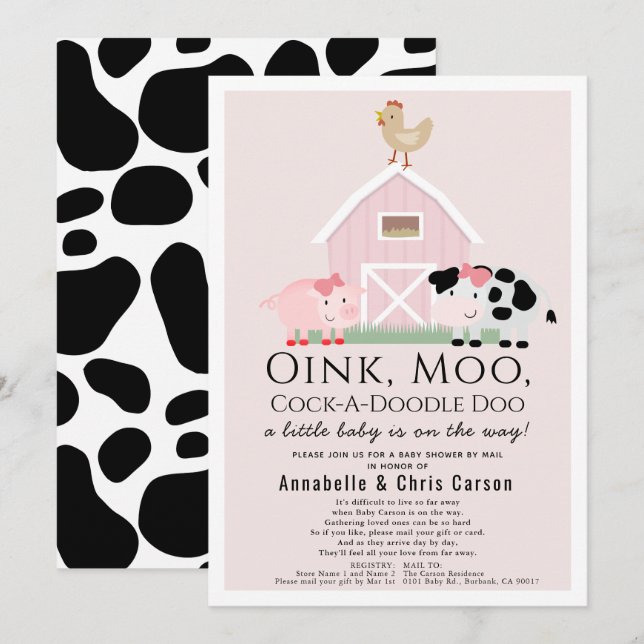 Invitación Granja de animales Barnyard Baby Shower rosa por c (Anverso / Reverso)