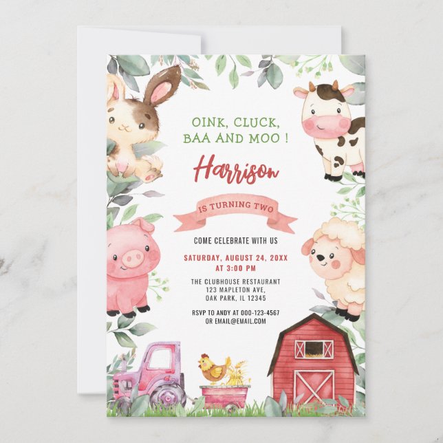 Invitación Granja de animales Barnyard Oink Baa Moo Cumpleaño (Anverso)