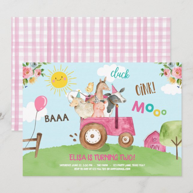 Invitación Granja de animales Barnyard Tractor Fiesta Pink Fa (Anverso / Reverso)