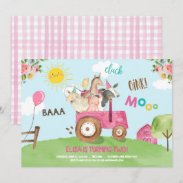 Invitación Granja de animales Barnyard Tractor Fiesta Pink Fa