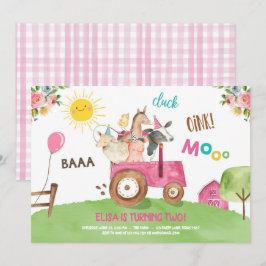 Invitación Granja de animales Barnyard Tractor Fiesta Pink Fa