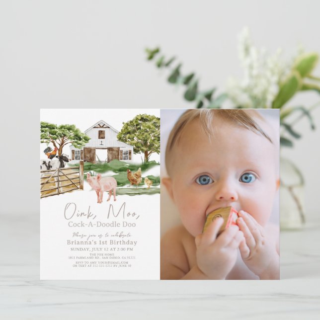 Invitación Granja de animales Barnyard W/C Foto Primer cumple (Anverso de pie)