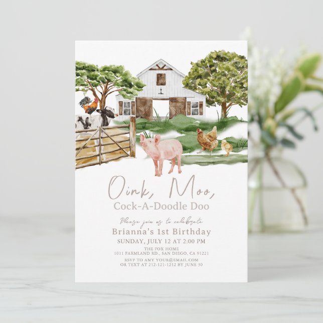 Invitación Granja de animales Barnyard Watercolor 1er cumplea (Anverso de pie)