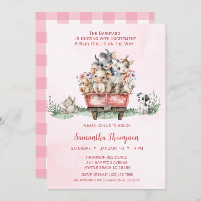 Invitación Granja de animales Camión rosa Baby Shower (Anverso / Reverso)