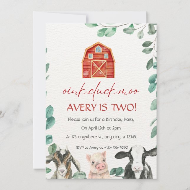 Invitación Granja de animales con fiesta de cumpleaños de veg (Anverso)