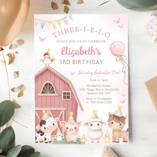 Invitación Granja de Animales de Corral Rosa Cumpleaños Three