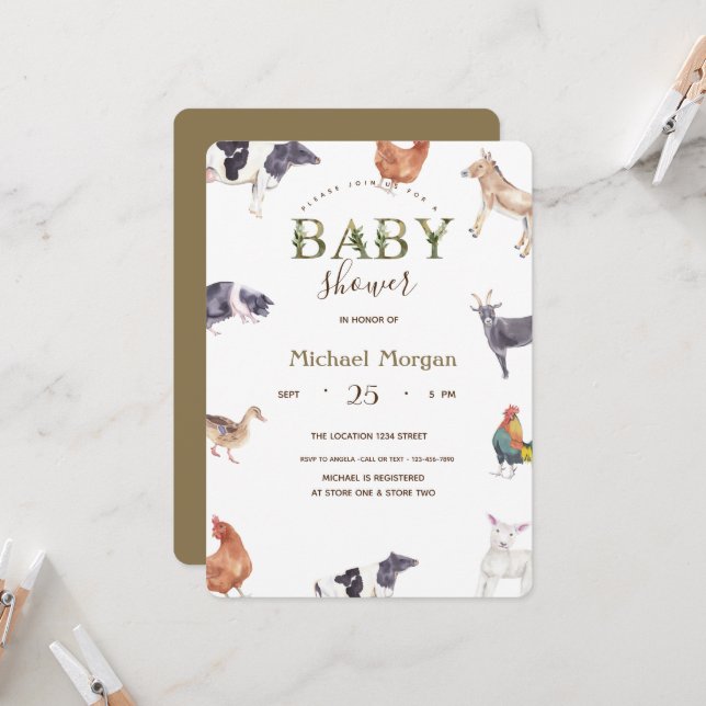 Invitación Granja de animales en acuarela Baby Shower  (Anverso/Reverso In Situ)