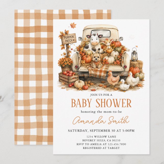 Invitación Granja de Animales Fiesta de Bebé Parche de Calaba (Anverso / Reverso)