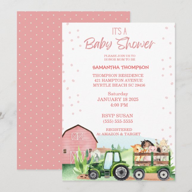 Invitación Granja de animales Green Tractor Baby Shower rosa (Anverso / Reverso)