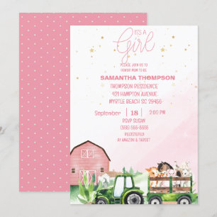 Invitación Granja de animales Green Tractor Baby Shower rosa