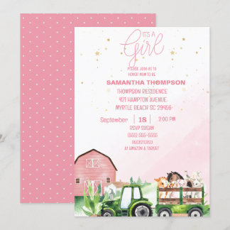 Invitación Granja de animales Green Tractor Baby Shower rosa