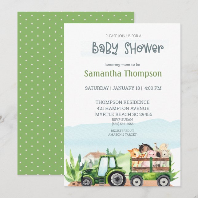 Invitación Granja de animales Green Tractor Boys Baby Shower (Anverso / Reverso)