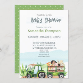 Invitación Granja de animales Green Tractor Boys Baby Shower
