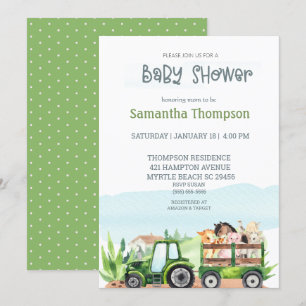 Invitación Granja de animales Green Tractor Boys Baby Shower