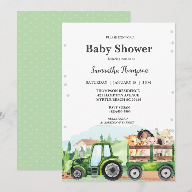 Invitación Granja de animales Green Tractor Boys Baby Shower (Anverso / Reverso)