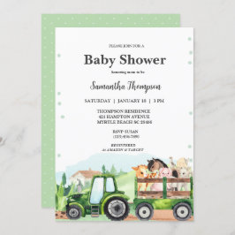 Invitación Granja de animales Green Tractor Boys Baby Shower