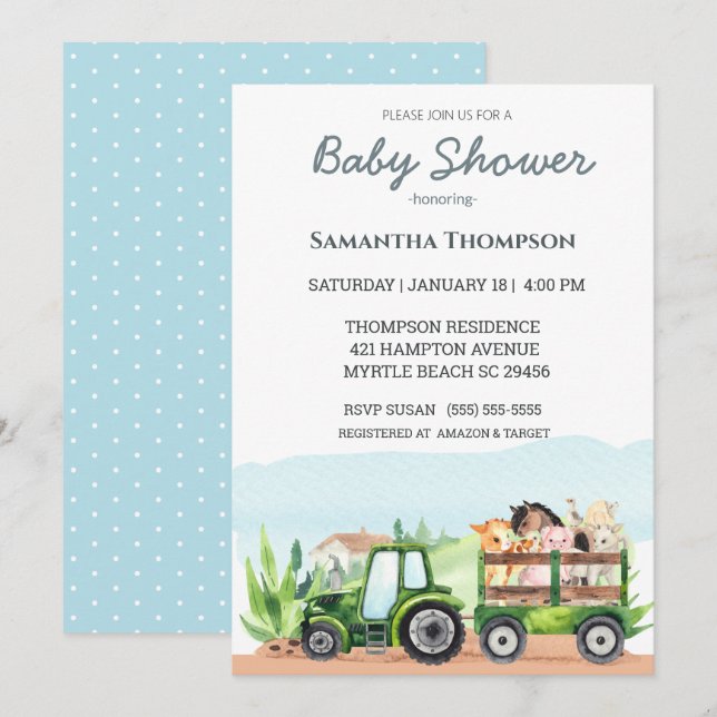 Invitación Granja de animales Green Tractor Boys Baby Shower (Anverso / Reverso)
