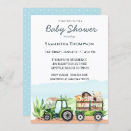 Invitación Granja de animales Green Tractor Boys Baby Shower