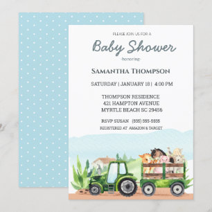 Invitación Granja de animales Green Tractor Boys Baby Shower