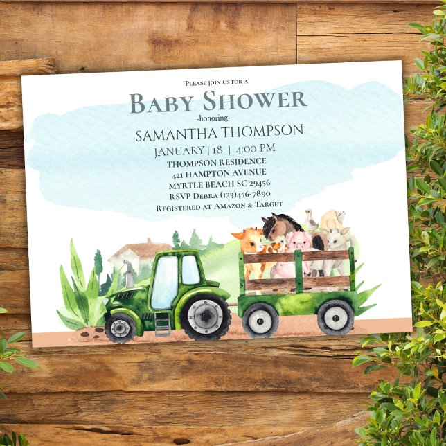 Invitación Granja de animales Green Tractor Boys Baby Shower (Subido por el creador)