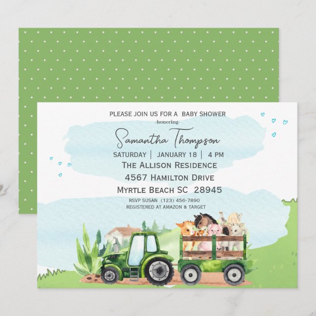 Invitación Granja de animales Green Tractor Boys Baby Shower (Anverso / Reverso)