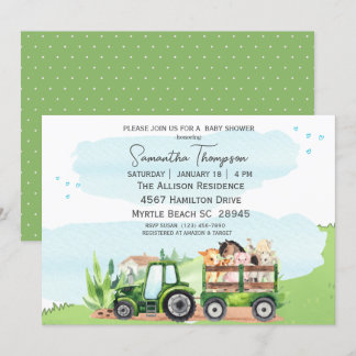 Invitación Granja de animales Green Tractor Boys Baby Shower