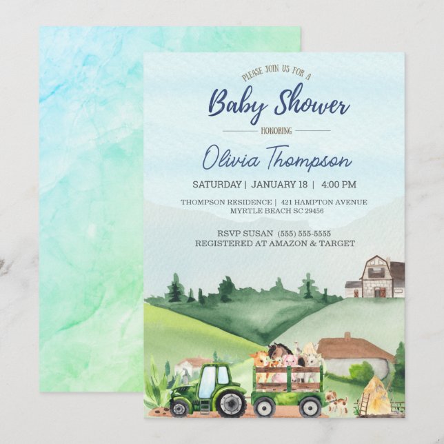 Invitación Granja de animales Green Tractor Boys Baby Shower (Anverso / Reverso)