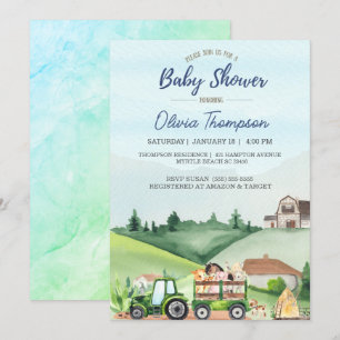 Invitación Granja de animales Green Tractor Boys Baby Shower