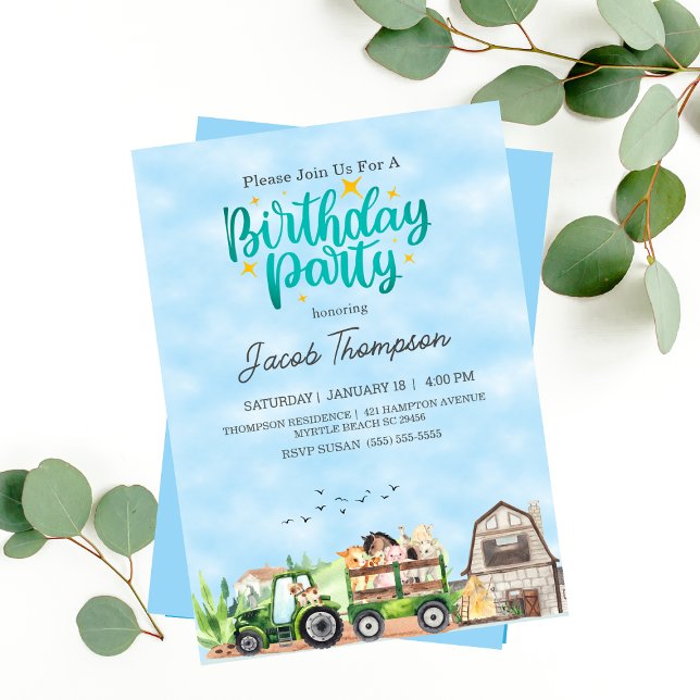 Invitación Granja de animales Green Tractor Boys Fiesta de cu (Subido por el creador)