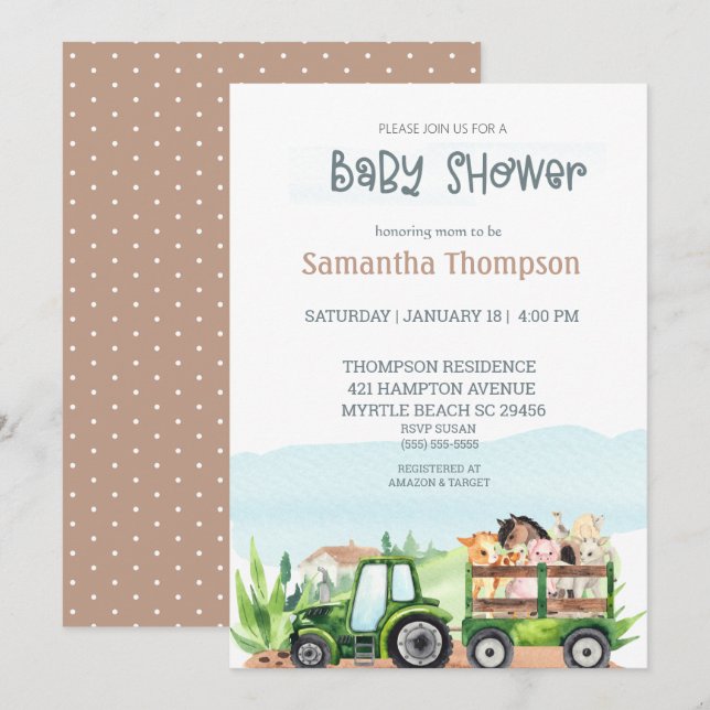 Invitación Granja de animales Green Tractor Chica Boy Baby Sh (Anverso / Reverso)