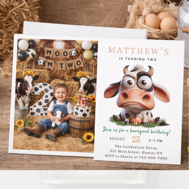 Invitación Granja de animales lindos cumpleaños 2 (Cute Cow Farm Animals 2nd Birthday Party Invitation
)
